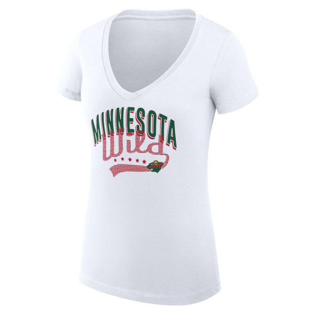 Minnesota Wild G-III 4Her by Carl Banks Women's Super-Slim Fit Lightweight Filigree Logo V-Neck T-Shirt – White T-shirts