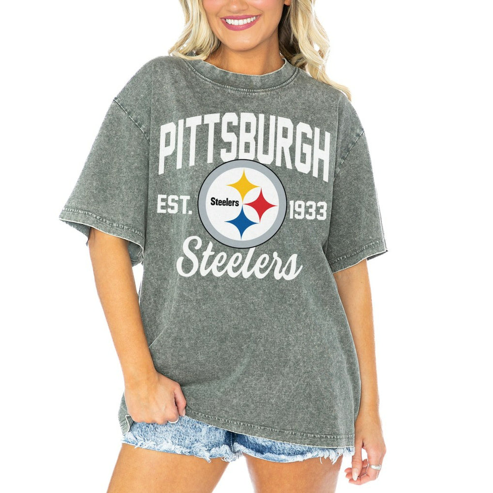 Pittsburgh Steelers Gameday Couture Women's Tackle Titan Boyfriend Washed T-Shirt - Gray for sale