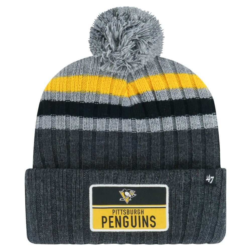 Pittsburgh Penguins '47 Stack Patch Cuffed Knit Hat with Pom - Gray Hats