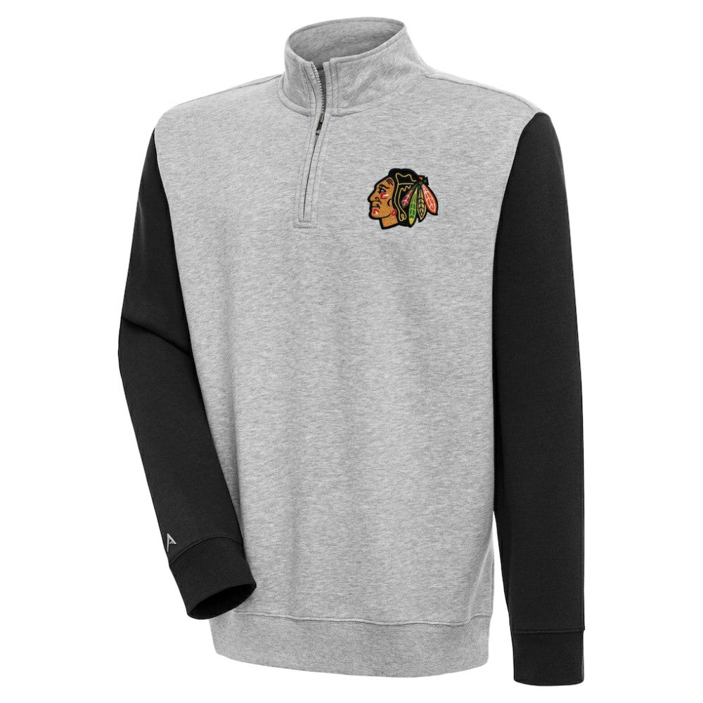 Chicago Blackhawks Antigua Victory Colorblock Quarter-Zip Pullover Top - Heather Gray/Black Pullover