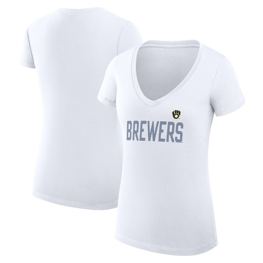 Milwaukee Brewers G-III 4Her by Carl Banks Women's Super-Slim Fit Lightweight Dot Print V-Neck T-Shirt White