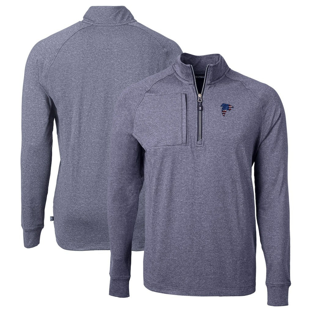 Atlanta Falcons Cutter & Buck Big & Tall Adapt Eco Knit Quarter-Zip Pullover Top - Heather Navy on sale