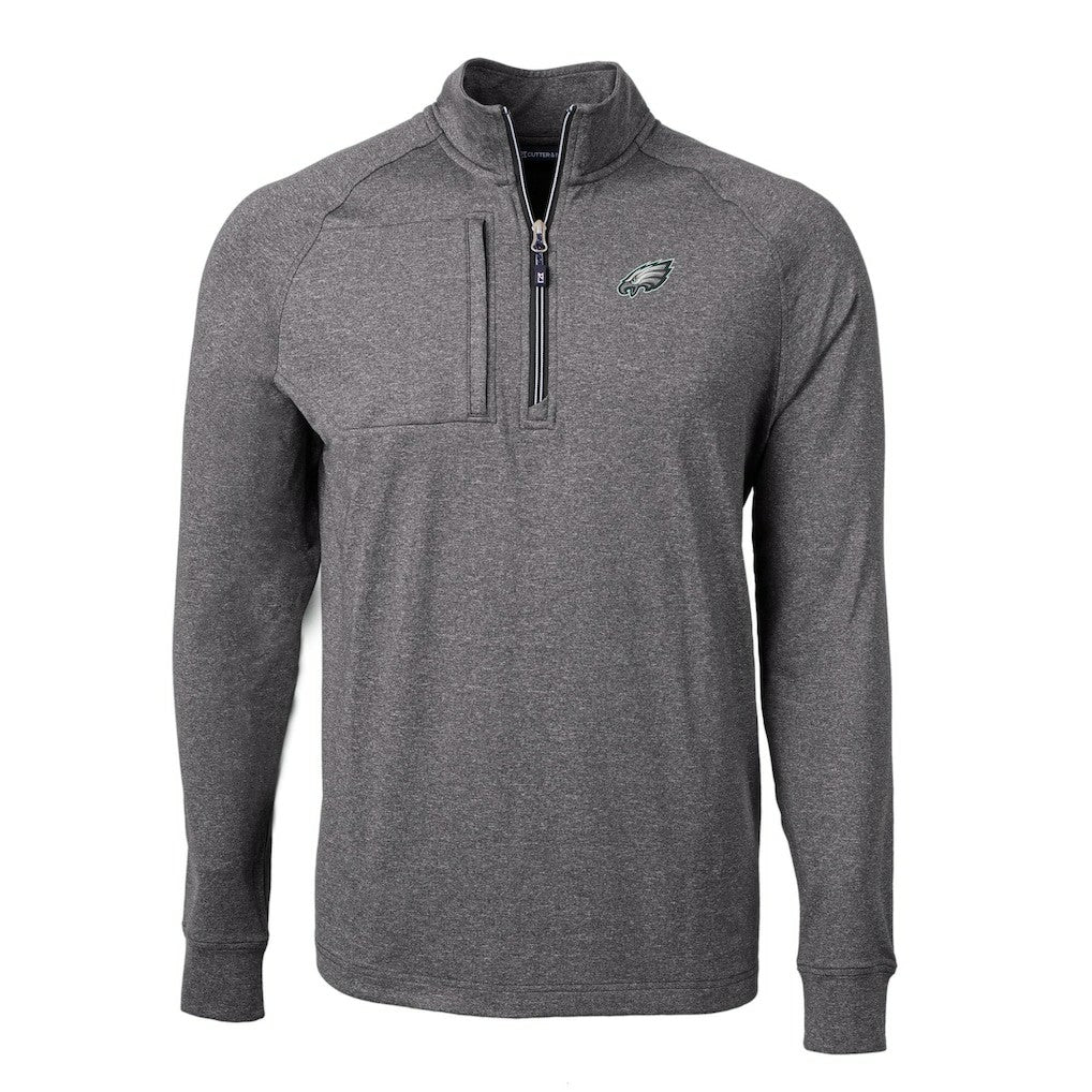 Philadelphia Eagles Cutter & Buck Big & Tall Adapt Eco Knit Quarter-Zip Pullover Top - Heather Black for sale