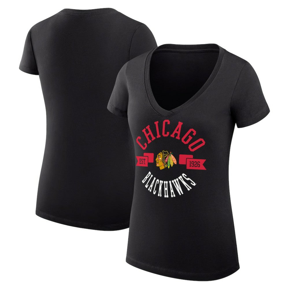 Chicago Blackhawks G-III 4Her by Carl Banks Women's Super-Slim Fit Lightweight City Graphic V-Neck T-Shirt - Black T-shirts
