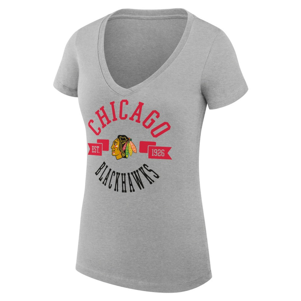 Chicago Blackhawks G-III 4Her by Carl Banks Women's Super-Slim Fit Lightweight City Graphic V-Neck T-Shirt - Heather Gray T-shirts