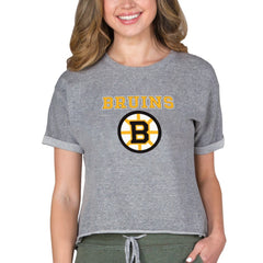 Boston Bruins Concepts Sport Women's Tri-Blend Mainstream Terry Short Sleeve Sweatshirt Top - Heather Gray Sweatshirts