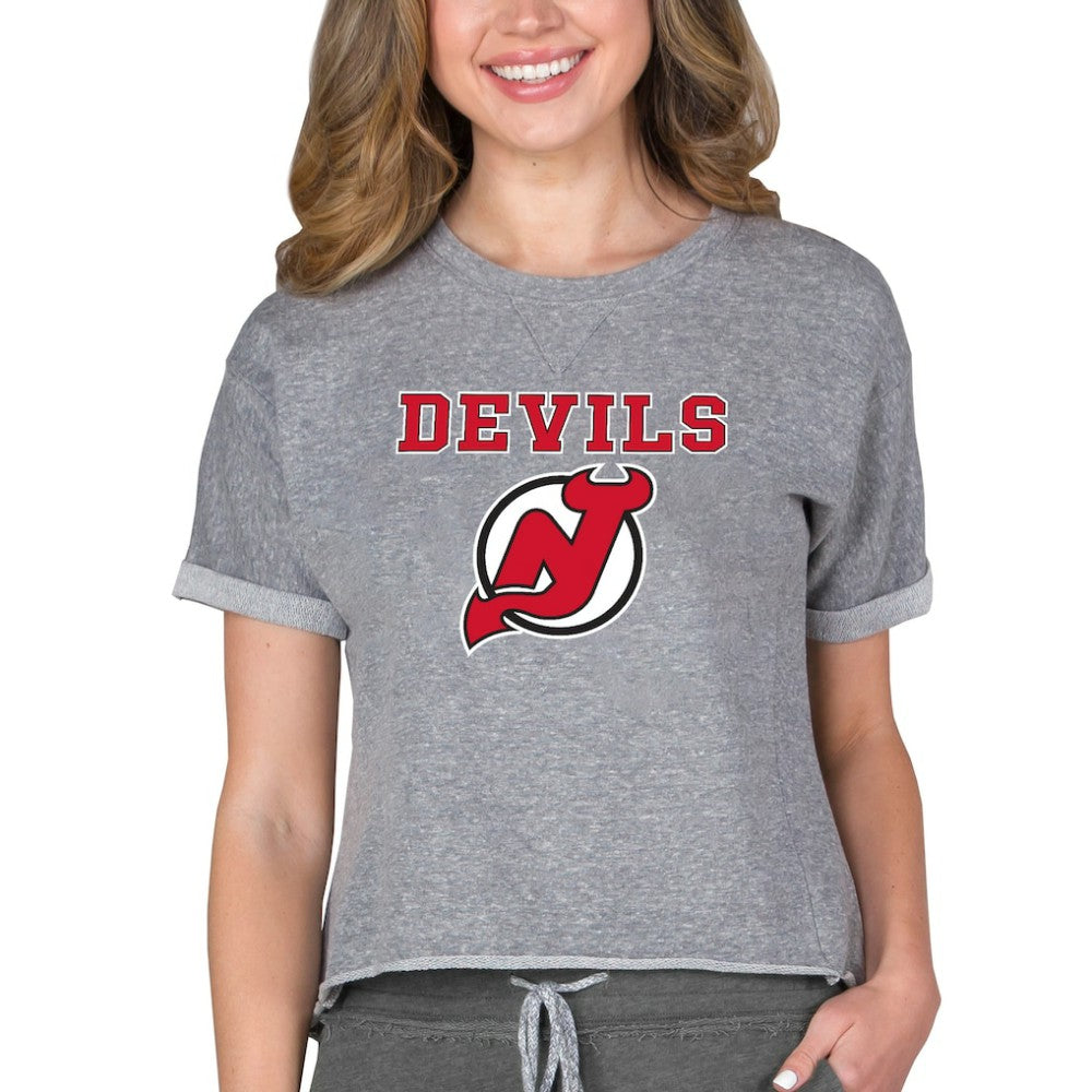 New Jersey Devils Concepts Sport Women's Tri-Blend Mainstream Terry Short Sleeve Sweatshirt Top - Heather Gray Sweatshirts