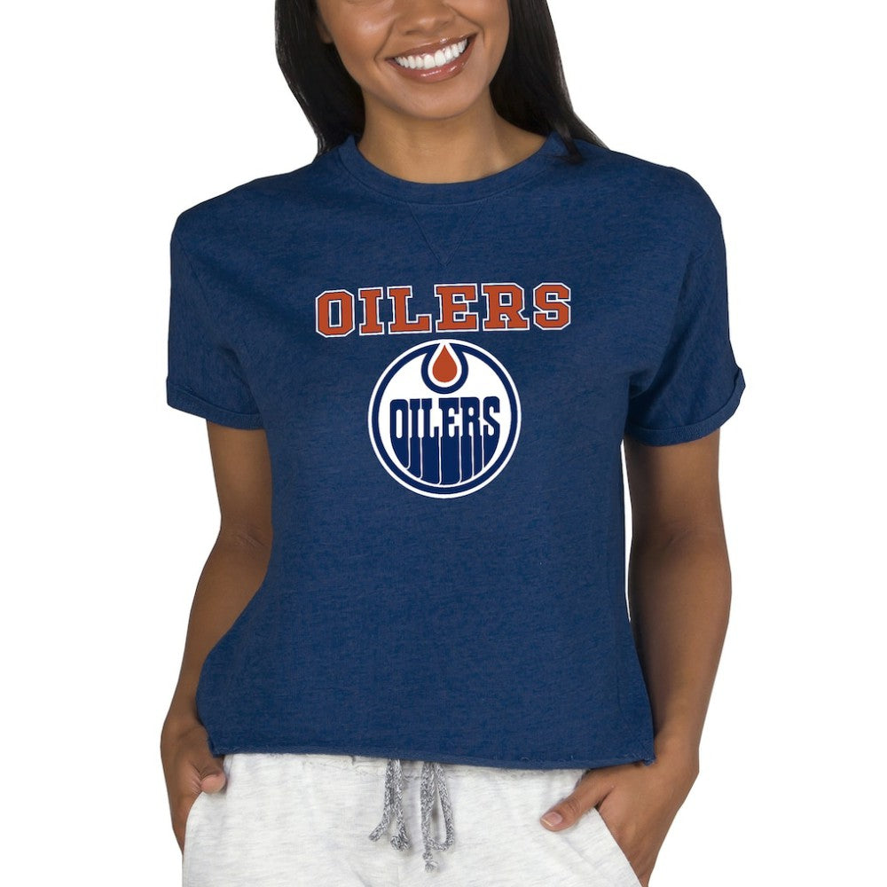 Edmonton Oilers Concepts Sport Women's Tri-Blend Mainstream Terry Short Sleeve Sweatshirt Top - Navy Sweatshirts