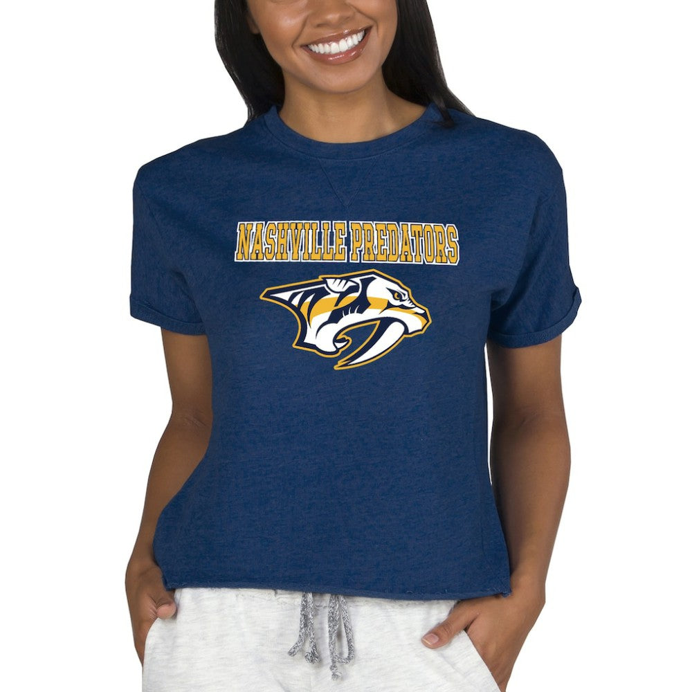 Nashville Predators Concepts Sport Women's Tri-Blend Mainstream Terry Short Sleeve Sweatshirt Top - Navy Sweatshirts