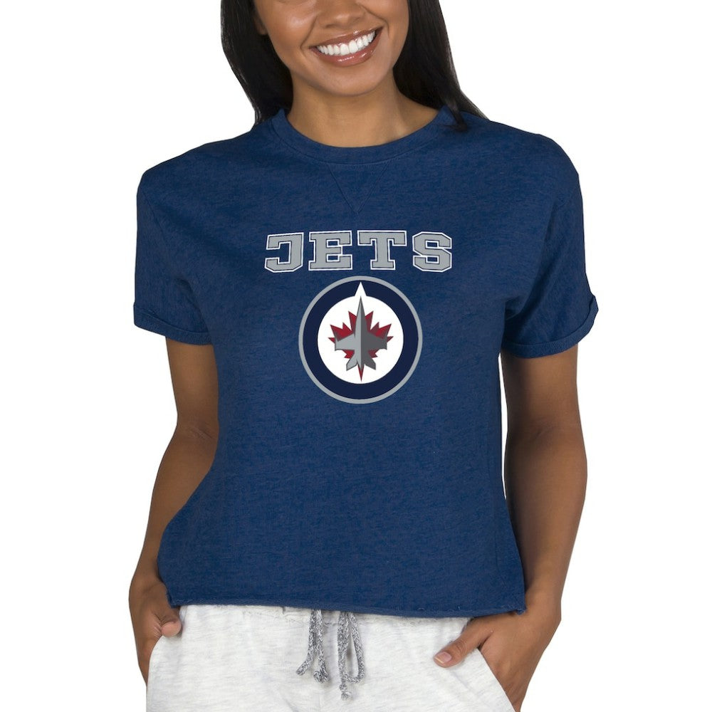 Winnipeg Jets Concepts Sport Women's Tri-Blend Mainstream Terry Short Sleeve Sweatshirt Top - Navy Sweatshirts