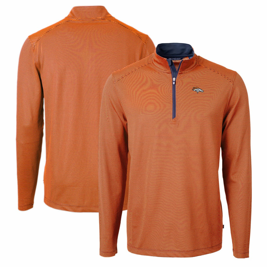 Denver Broncos Cutter & Buck Virtue Eco Pique Micro Stripe Recycled Quarter-Zip Pullover Top - Orange/Navy sale