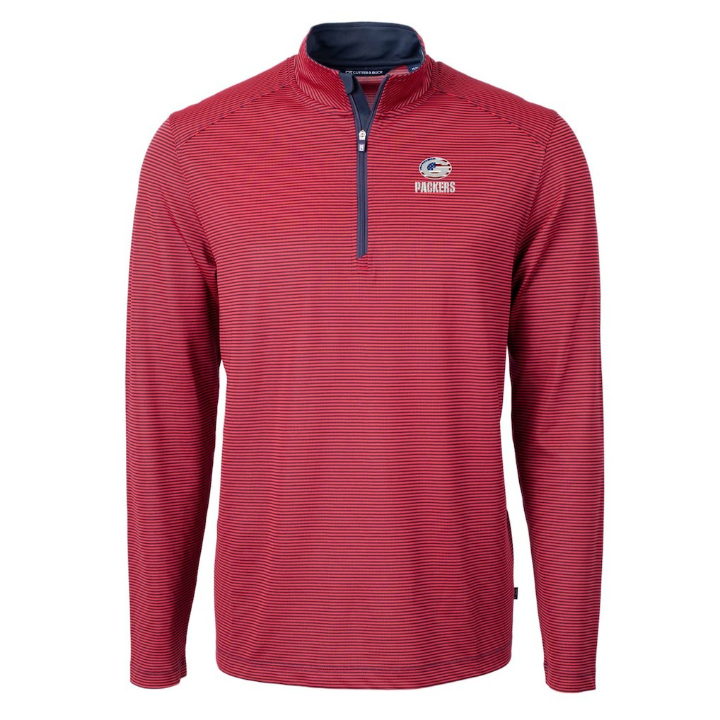 Green Bay Packers Cutter & Buck Virtue Eco Pique Micro Stripe Recycled Quarter-Zip Pullover Top - Red/Navy for sale