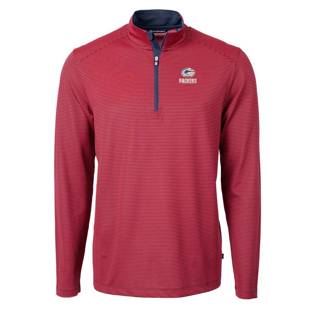 Green Bay Packers Cutter & Buck Virtue Eco Pique Micro Stripe Recycled Quarter-Zip Pullover Top - Red/Navy for sale