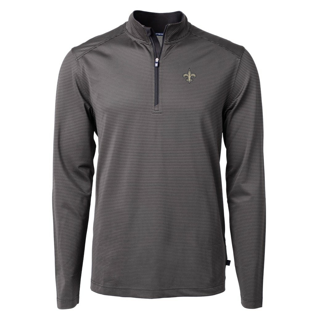 New Orleans Saints Cutter & Buck Virtue Eco Pique Micro Stripe Recycled Quarter-Zip Pullover Top - Black/Gray on sale
