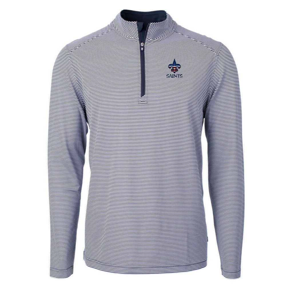 New Orleans Saints Cutter & Buck Virtue Eco Pique Micro Stripe Recycled Quarter-Zip Pullover Top - Navy/White for sale