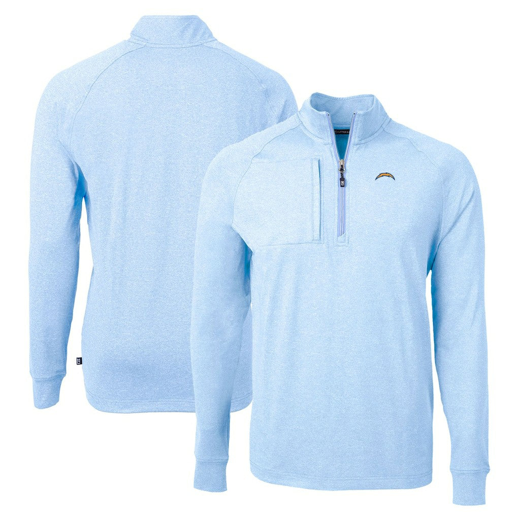 Los Angeles Chargers Cutter & Buck Adapt Eco Knit Quarter-Zip Pullover Top - Heather Powder Blue for sale