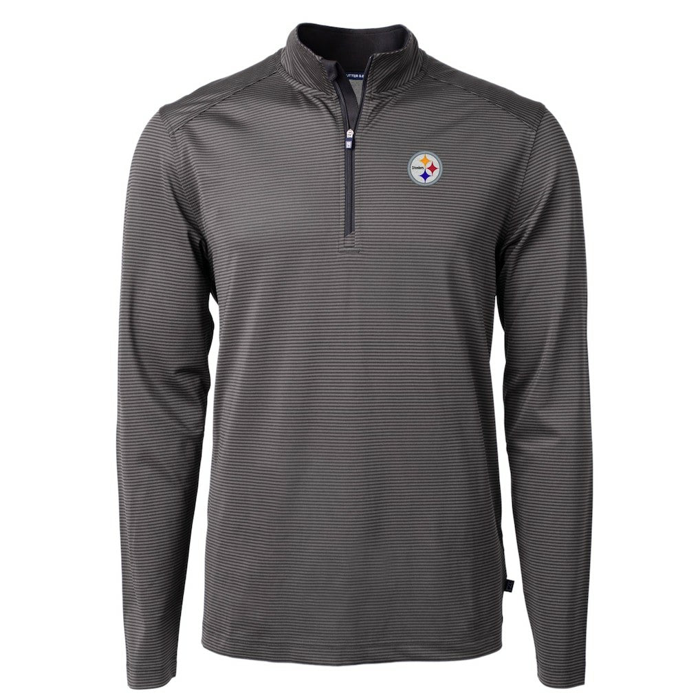 Pittsburgh Steelers Cutter & Buck Virtue Eco Pique Micro Stripe Recycled Quarter-Zip Pullover Top - Black/Gray for sale