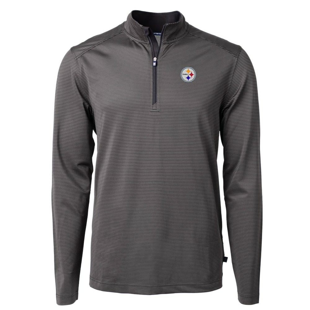Pittsburgh Steelers Cutter & Buck Virtue Eco Pique Micro Stripe Recycled Quarter-Zip Pullover Top - Black/Gray for sale