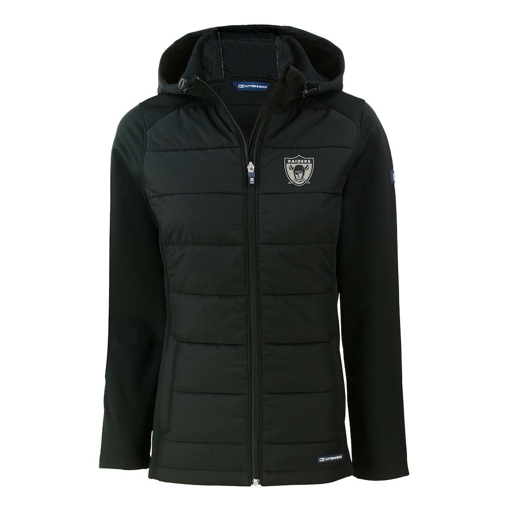 Las Vegas Raiders Cutter & Buck Women's Throwback Evoke Hybrid Eco Softshell Recycled Full-Zip Hoodie Jacket - Black on sale