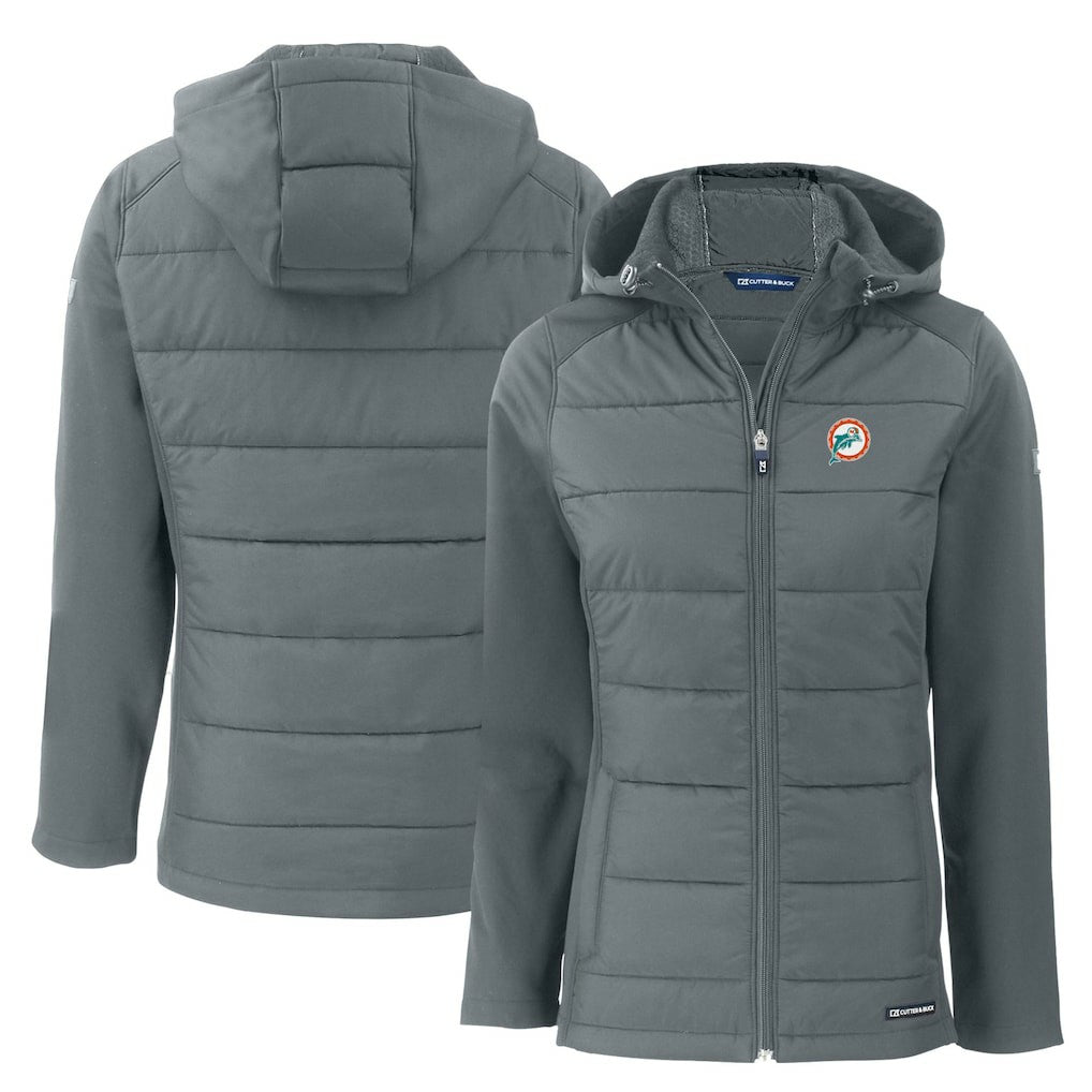 Miami Dolphins Cutter & Buck Women's Throwback Evoke Hybrid Eco Softshell Recycled Full-Zip Hoodie Jacket - Gray outlet