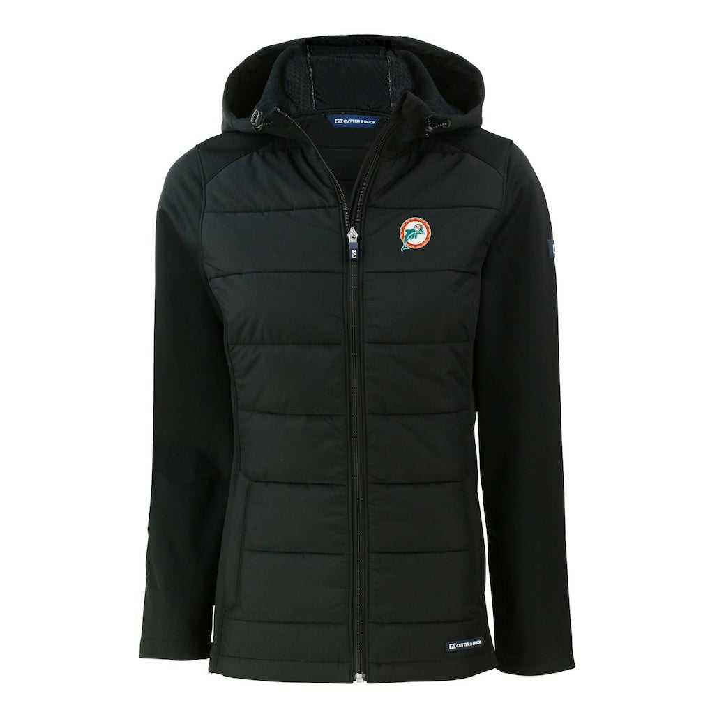 Miami Dolphins Cutter & Buck Women's Throwback Evoke Hybrid Eco Softshell Recycled Full-Zip Hoodie Jacket - Black cheap