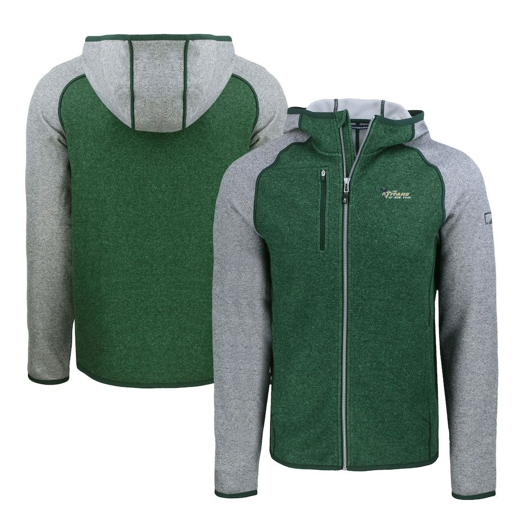 New York Jets Cutter & Buck Throwback Mainsail Sweater-Knit Full-Zip Hoodie - Heather Green/Heather Gray for sale