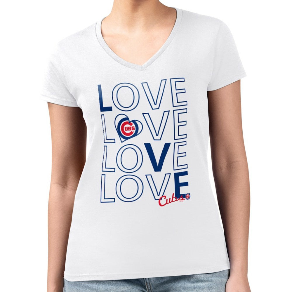 Chicago Cubs G-III 4Her by Carl Banks Women's Super-Slim Fit Lightweight Love Graphic Team V-Neck T-Shirt White