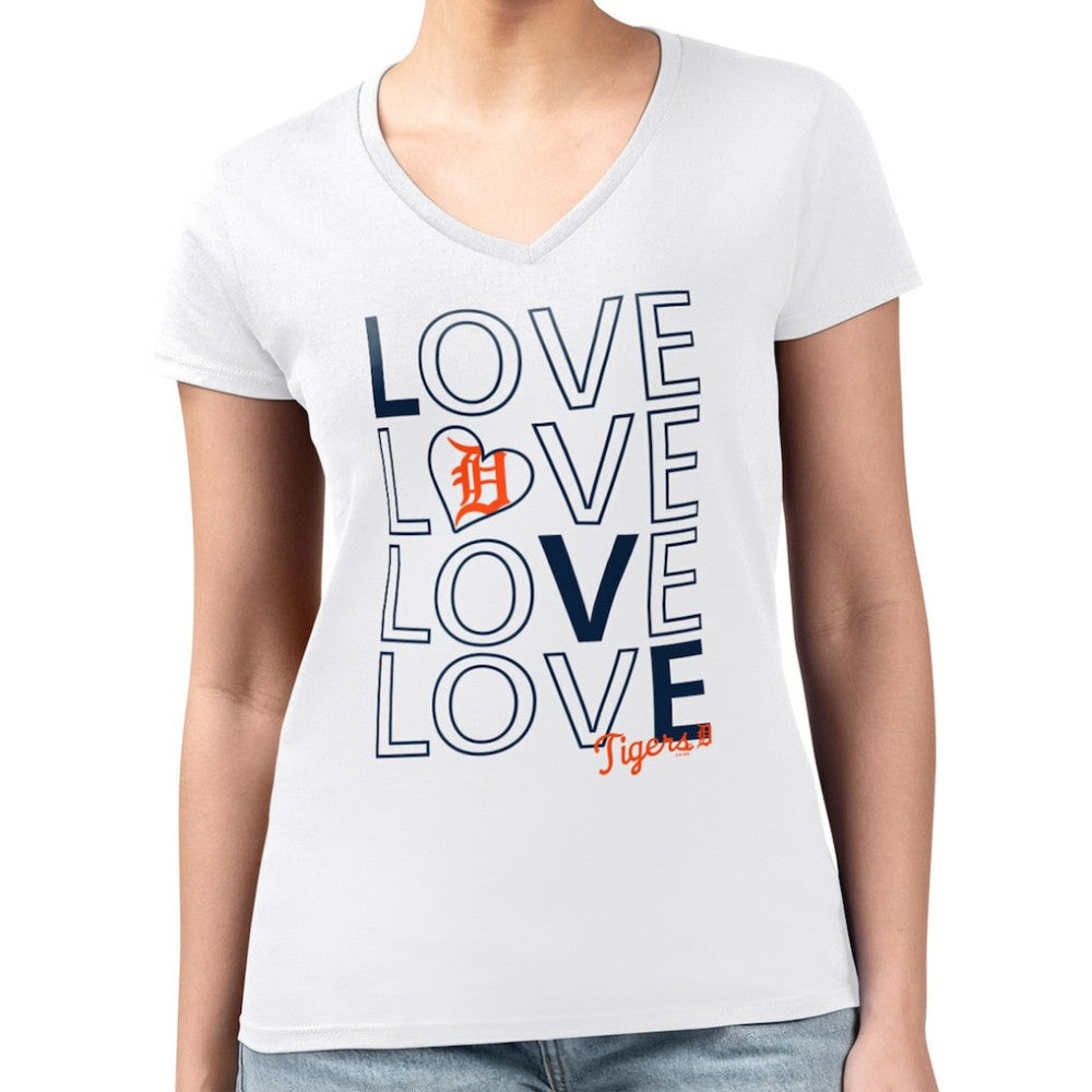 Detroit Tigers G-III 4Her by Carl Banks Women's Super-Slim Fit Lightweight Love Graphic Team V-Neck T-Shirt White