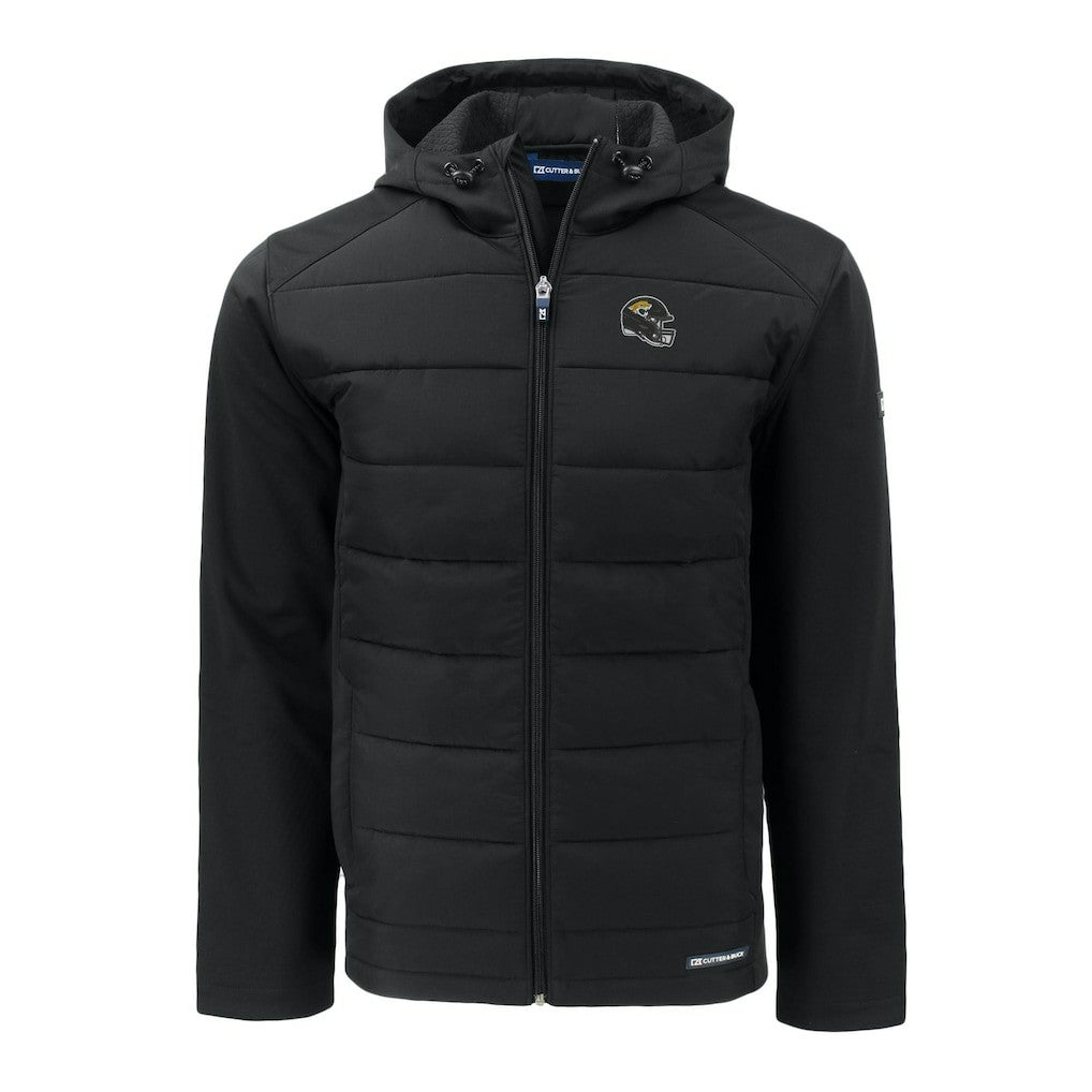 Jacksonville Jaguars Cutter & Buck Helmet Evoke Hybrid Eco Softshell Recycled Full-Zip Hoodie Jacket - Black for sale