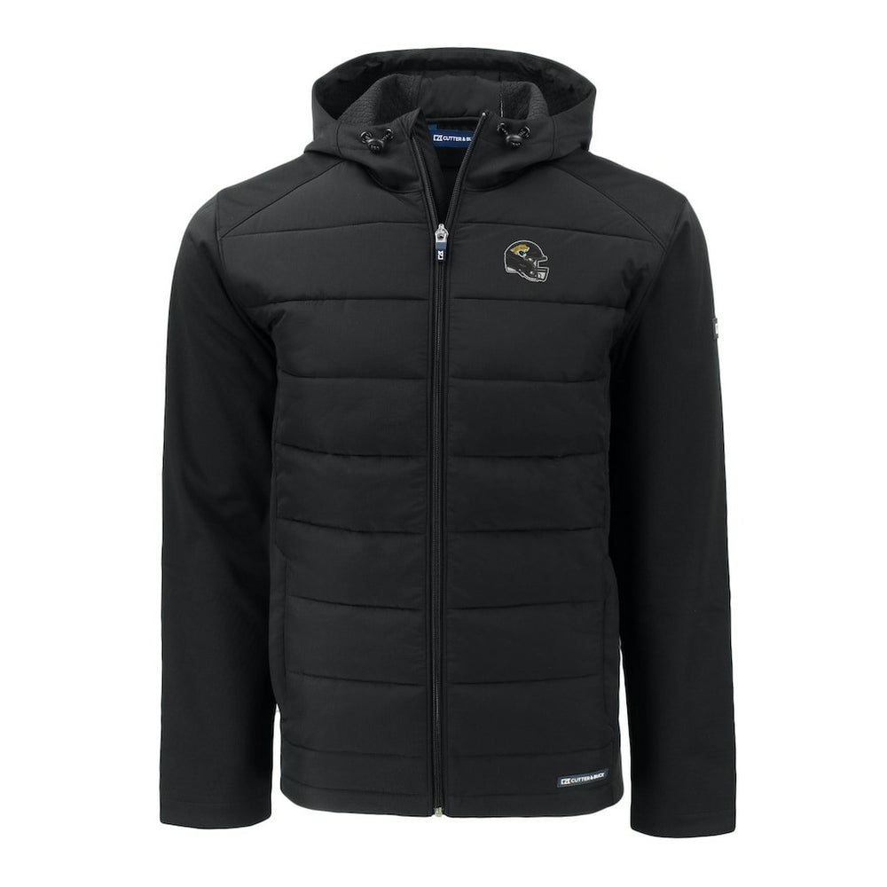 Jacksonville Jaguars Cutter & Buck Helmet Evoke Hybrid Eco Softshell Recycled Full-Zip Hoodie Jacket - Black for sale