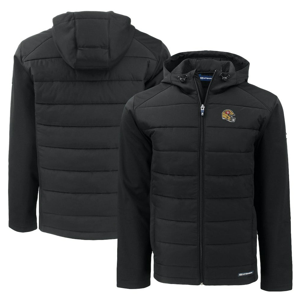 San Francisco 49ers Cutter & Buck Helmet Evoke Hybrid Eco Softshell Recycled Full-Zip Hoodie Jacket - Black discount