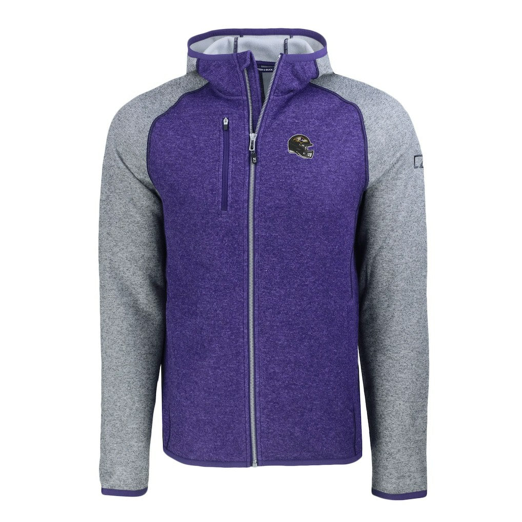 Baltimore Ravens Cutter & Buck Helmet Mainsail Sweater-Knit Full-Zip Hoodie - Heather Purple/Heather Gray on sale