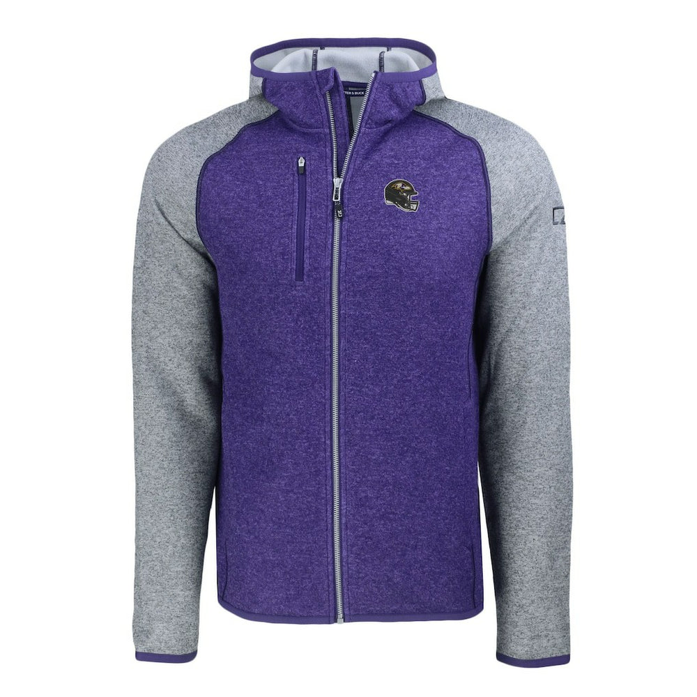 Baltimore Ravens Cutter & Buck Helmet Mainsail Sweater-Knit Full-Zip Hoodie - Heather Purple/Heather Gray on sale