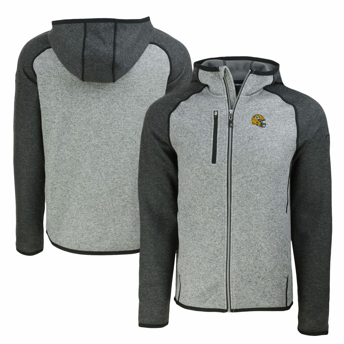 Green Bay Packers Cutter & Buck Helmet Mainsail Sweater-Knit Full-Zip Hoodie - Heather Gray/Heather Charcoal on sale