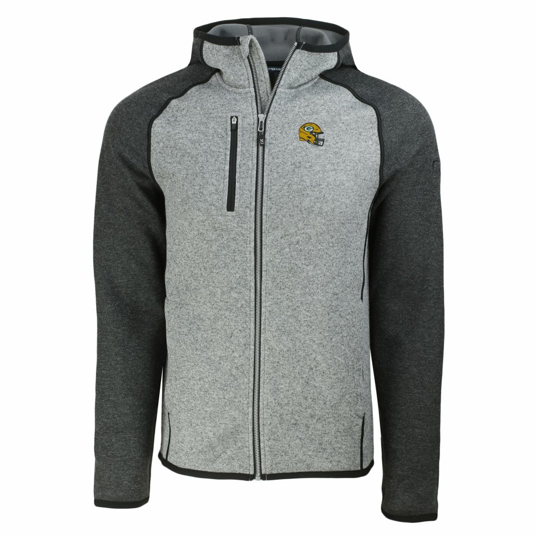 Green Bay Packers Cutter & Buck Helmet Mainsail Sweater-Knit Full-Zip Hoodie - Heather Gray/Heather Charcoal on sale