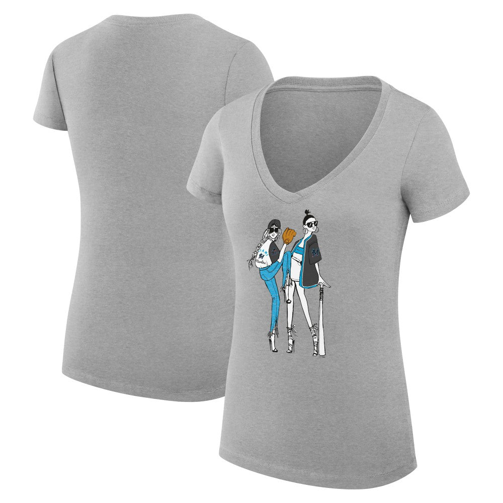 Miami Marlins G-III 4Her by Carl Banks Women's Super-Slim Fit Lightweight Baseball V-Neck T-Shirt Heather Gray
