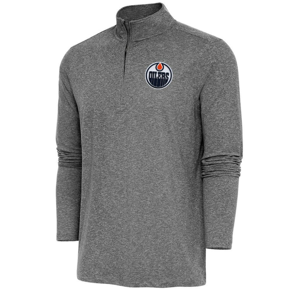 Edmonton Oilers Antigua Hunk Quarter-Zip Pullover Top - Heather Black Pullover