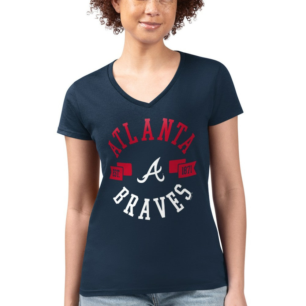 Atlanta Braves G-III 4Her by Carl Banks Women's Super-Slim Fit Lightweight City Graphic V-Neck T-Shirt Navy