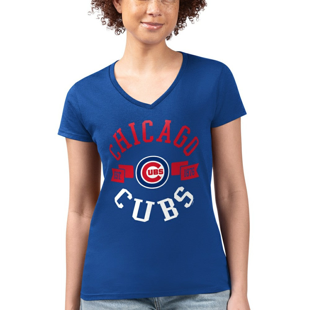 Chicago Cubs G-III 4Her by Carl Banks Women's Super-Slim Fit Lightweight City Graphic V-Neck T-Shirt Royal