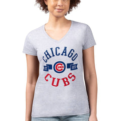 Chicago Cubs G-III 4Her by Carl Banks Women's Super-Slim Fit Lightweight City Graphic V-Neck T-Shirt Heather Gray