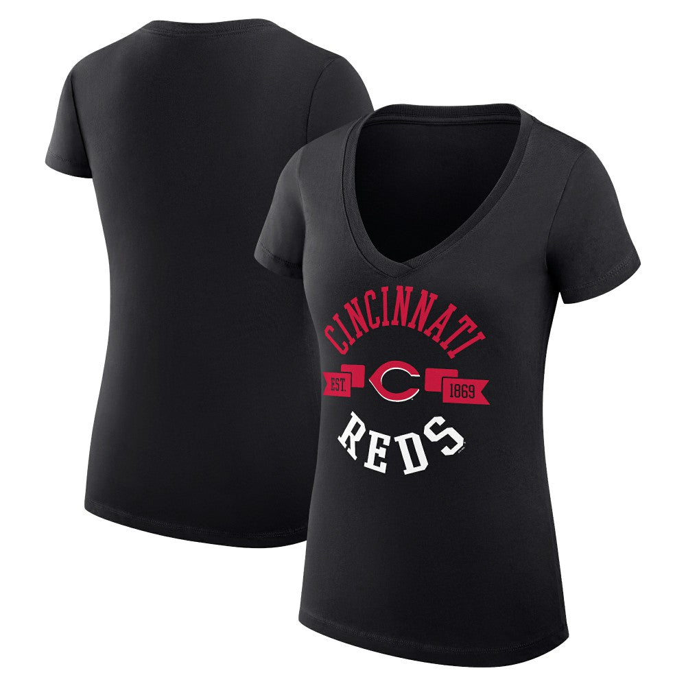 Cincinnati Reds G-III 4Her by Carl Banks Women's Super-Slim Fit Lightweight City Graphic V-Neck T-Shirt Black
