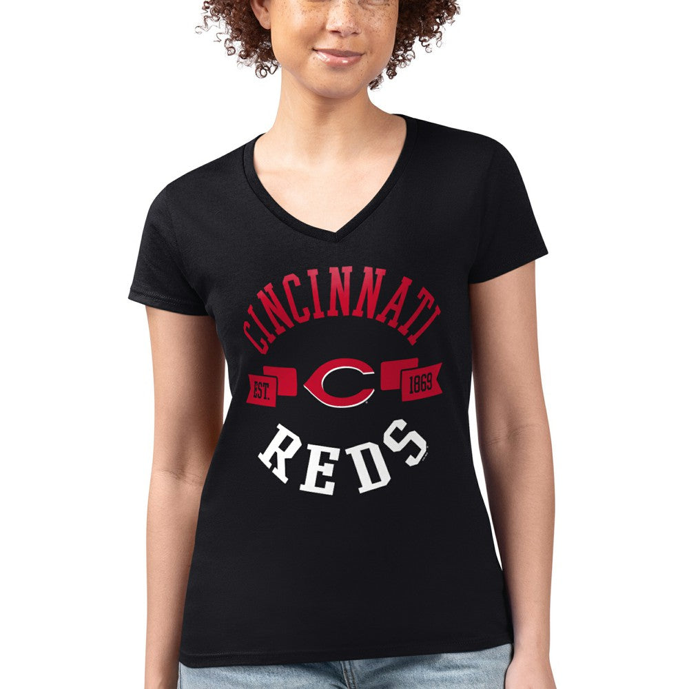 Cincinnati Reds G-III 4Her by Carl Banks Women's Super-Slim Fit Lightweight City Graphic V-Neck T-Shirt Black