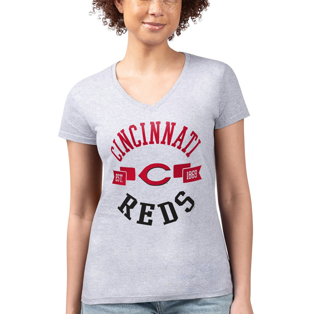 Cincinnati Reds G-III 4Her by Carl Banks Women's Super-Slim Fit Lightweight City Graphic V-Neck T-Shirt Heather Gray