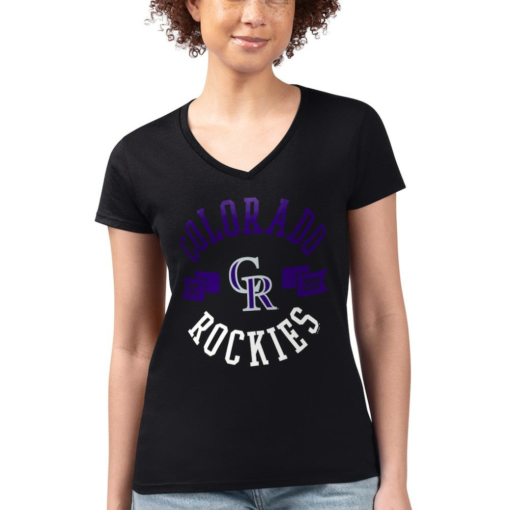 Colorado Rockies G-III 4Her by Carl Banks Women's Super-Slim Fit Lightweight City Graphic V-Neck T-Shirt Black