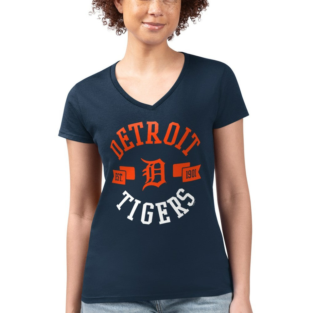 Detroit Tigers G-III 4Her by Carl Banks Women's Super-Slim Fit Lightweight City Graphic V-Neck T-Shirt Navy