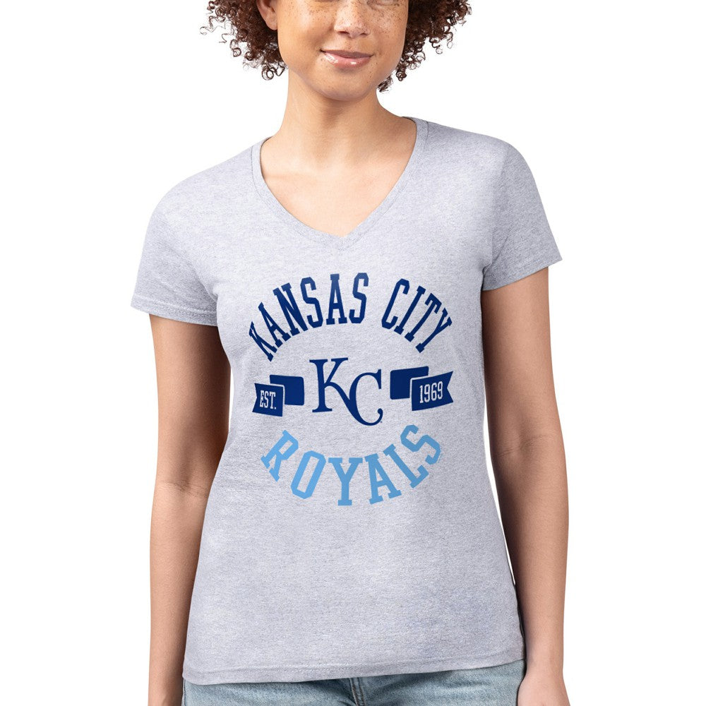 Kansas City Royals G-III 4Her by Carl Banks Women's Super-Slim Fit Lightweight City Graphic V-Neck T-Shirt Heather Gray