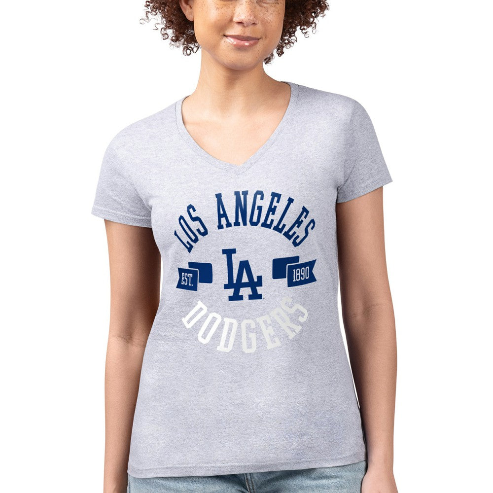 Los Angeles Dodgers G-III 4Her by Carl Banks Women's Super-Slim Fit Lightweight City Graphic V-Neck T-Shirt Heather Gray
