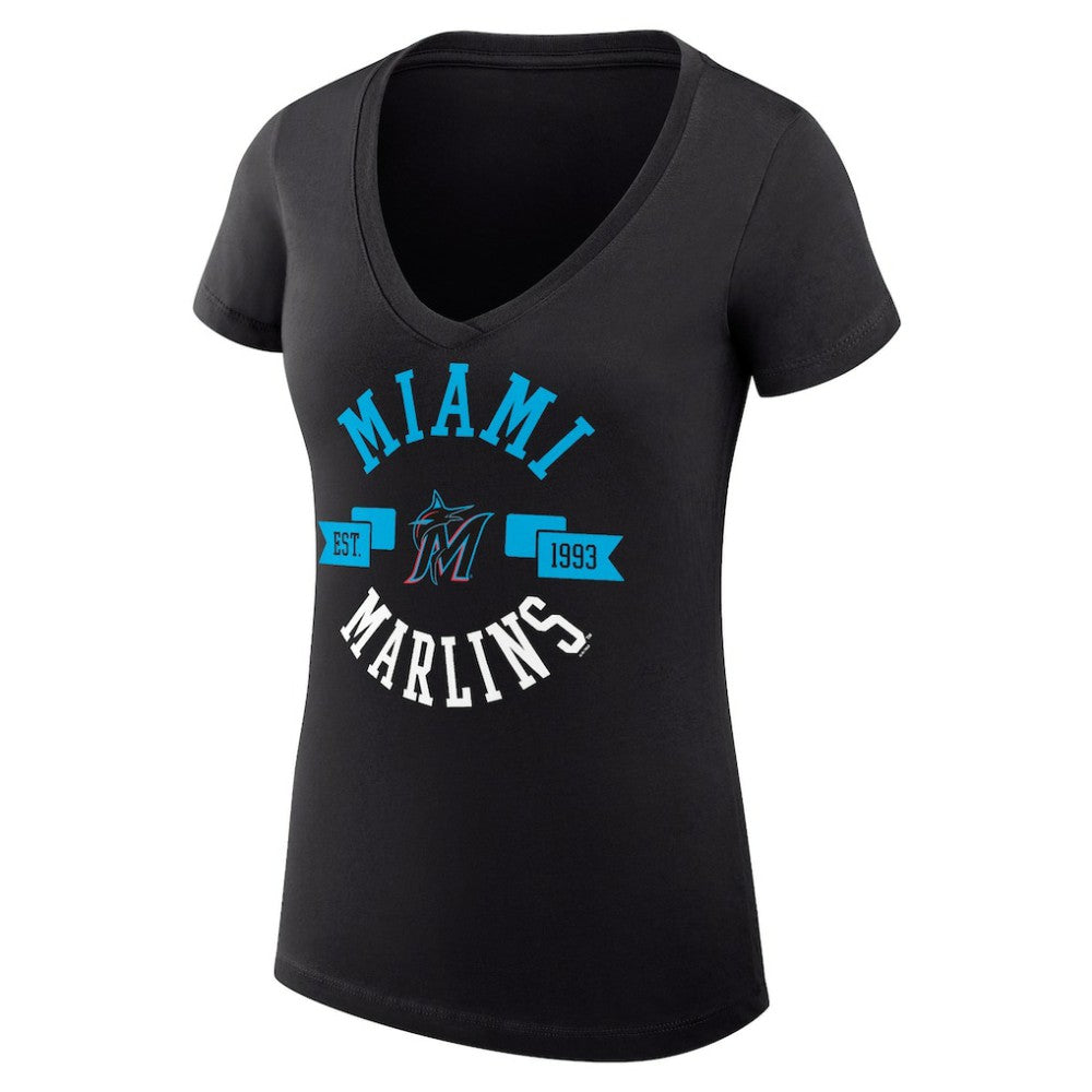 Miami Marlins G-III 4Her by Carl Banks Women's Super-Slim Fit Lightweight City Graphic V-Neck T-Shirt Black