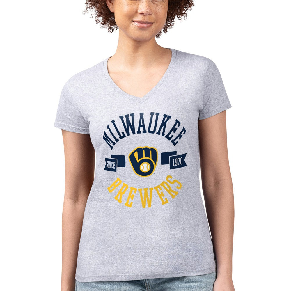 Milwaukee Brewers G-III 4Her by Carl Banks Women's Super-Slim Fit Lightweight City Graphic V-Neck T-Shirt Heather Gray