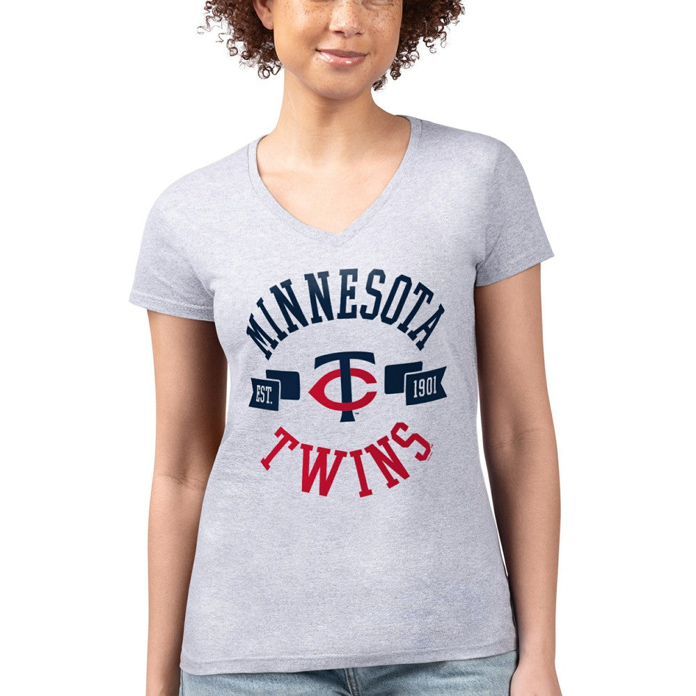 Minnesota Twins G-III 4Her by Carl Banks Women's Super-Slim Fit Lightweight City Graphic V-Neck T-Shirt Heather Gray